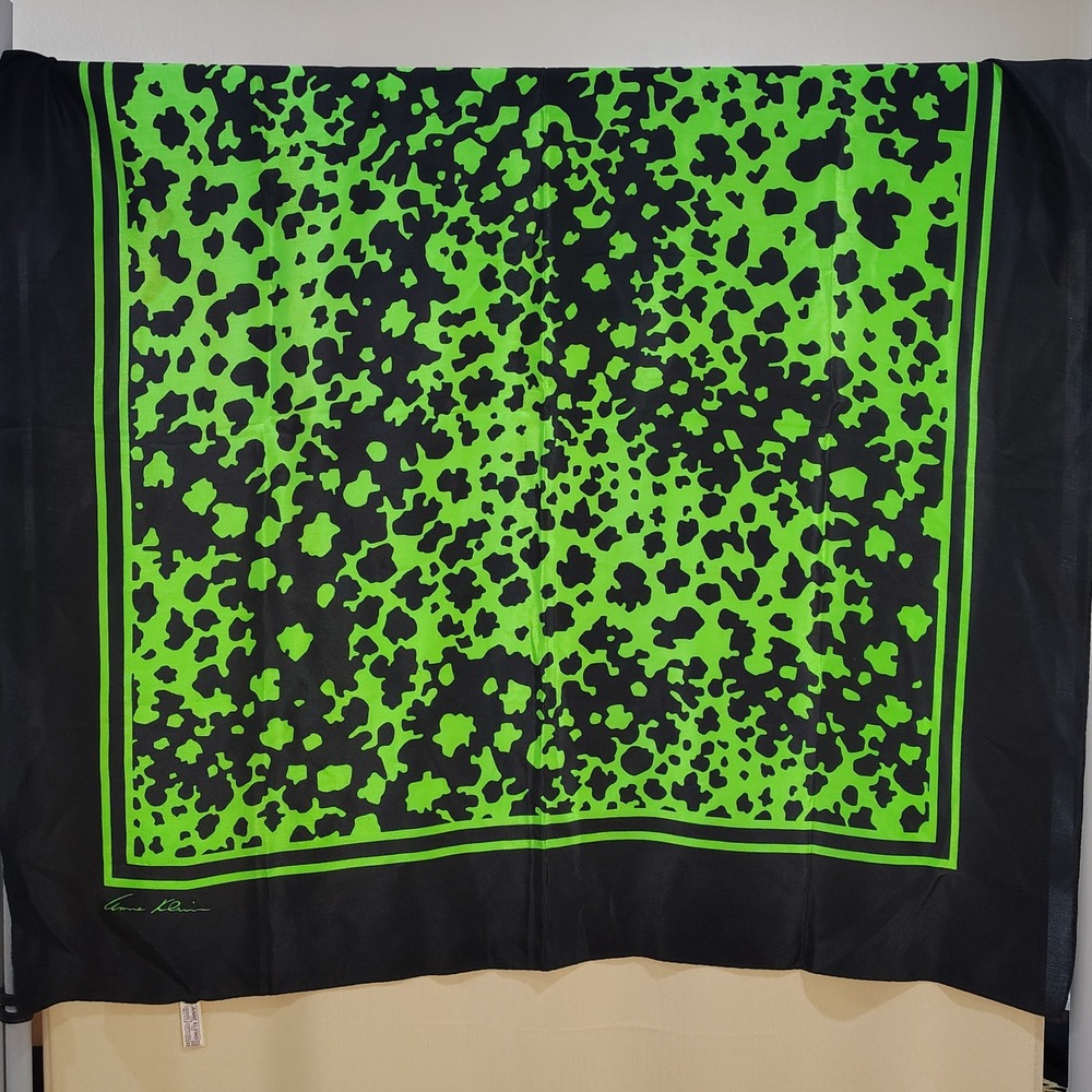 Vintage Anne Klein Collab Silk Scarf for Vera Green Leopard 1960-70s Retro Chic